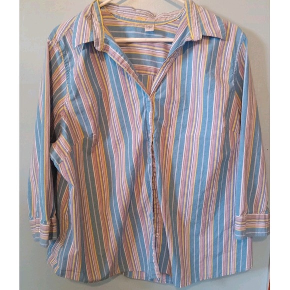 Izod Tops - Womens ‎ Izod Striped Long Sleeve Button-Up Shirt 100% Cotton Blue yellow SZ 1X